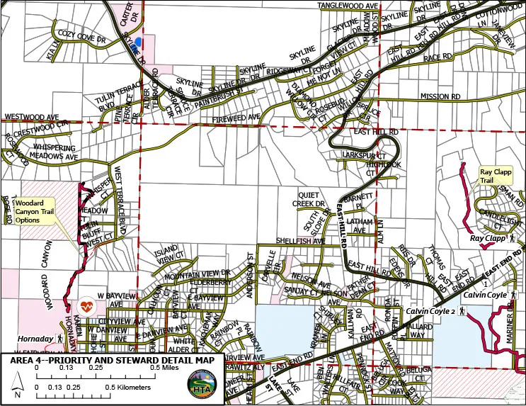 A map of trails for the Reber-Hornaday Park and Woodard Canyon areas